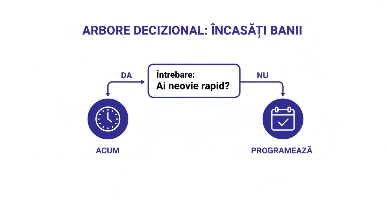 Arbore decizional pentru încasarea banilor, prezentând opțiuni rapide (ACUM) sau programate (PROGRAMEAZĂ).