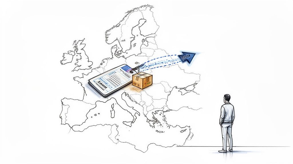 Hartă Europa cu smartphone, colet și săgeată EORI, simbolizând logistică și codul EORI.