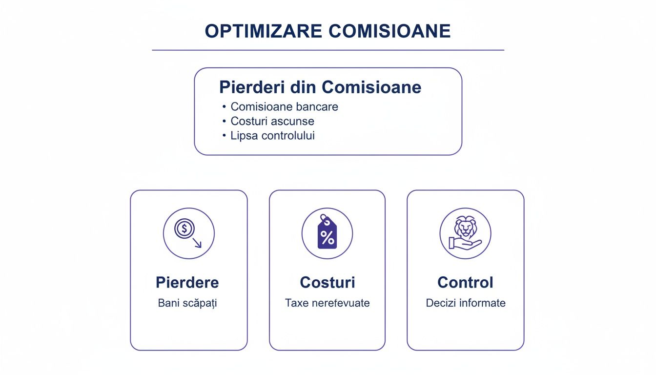 O diagramă explicativă despre optimizarea comisioanelor bancare, evidențiind pierderi, costuri ascunse și control.