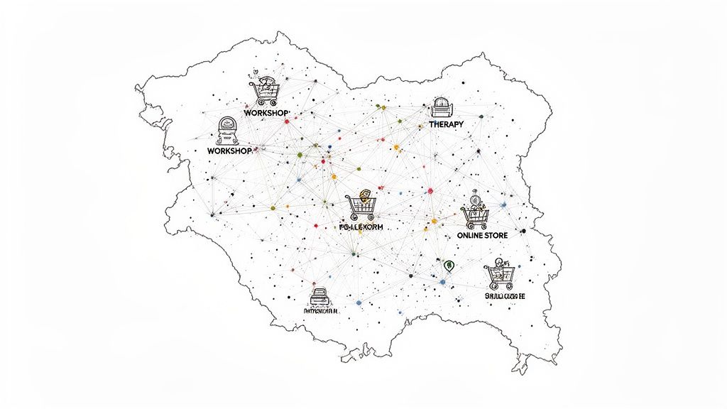 Harta interconectată a serviciilor, incluzând ateliere, terapie și magazine online, indicând o rețea de afaceri.