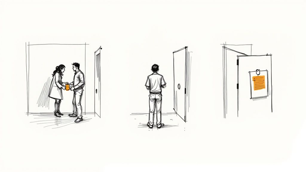 O serie de trei ilustrații cu oameni și uși, plus un mesaj pe o ușă.