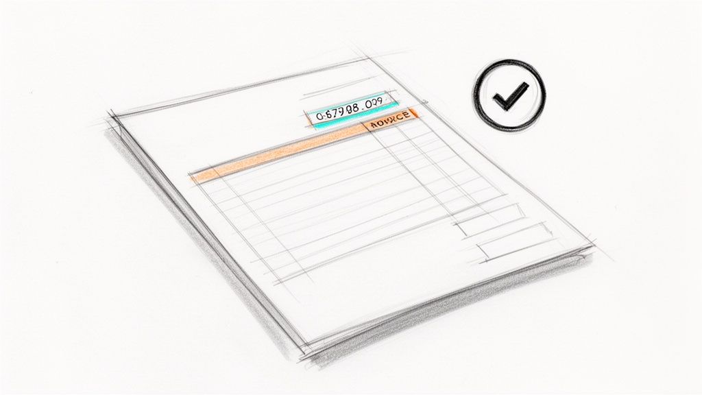 Schiță de factură cu detalii evidențiate și o bifă de confirmare, pentru procesare.