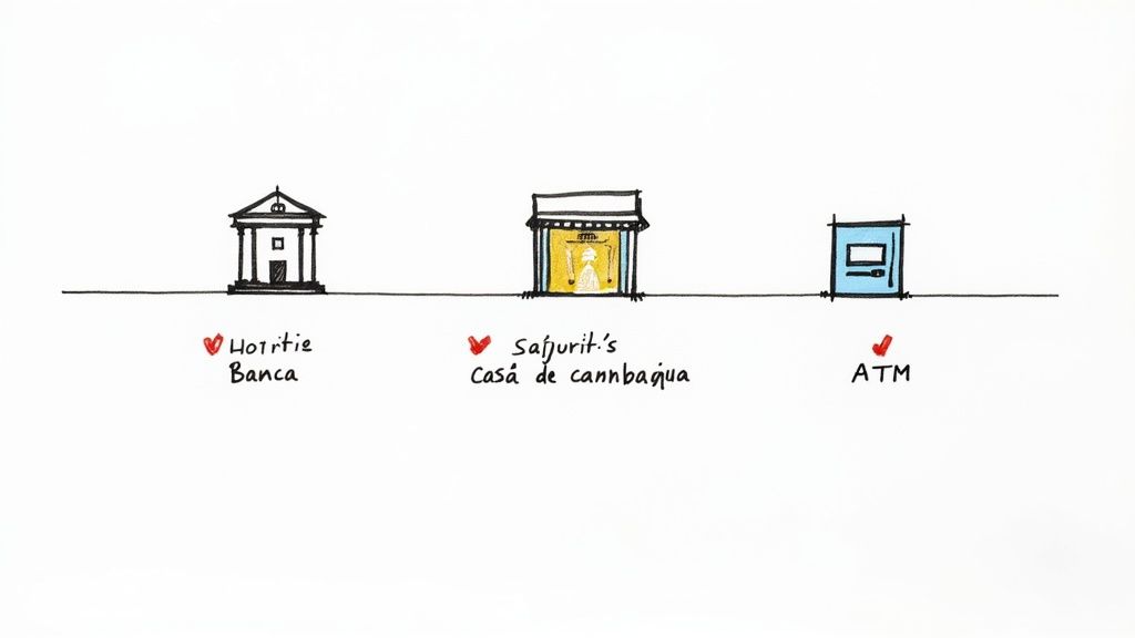 Trei desene stilizate: o bancă, o casă de schimb valutar și un bancomat, aliniate pe o linie orizontală.