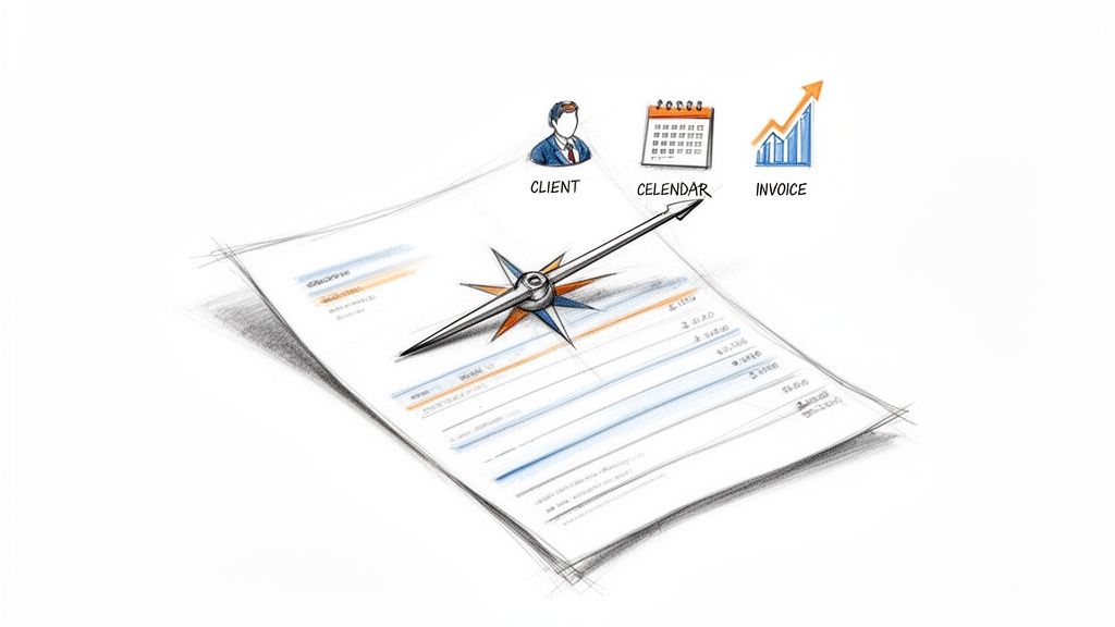 O busolă metalică pe documente financiare, indicând clientul, calendarul și facturarea, sugerând planificare afaceri.