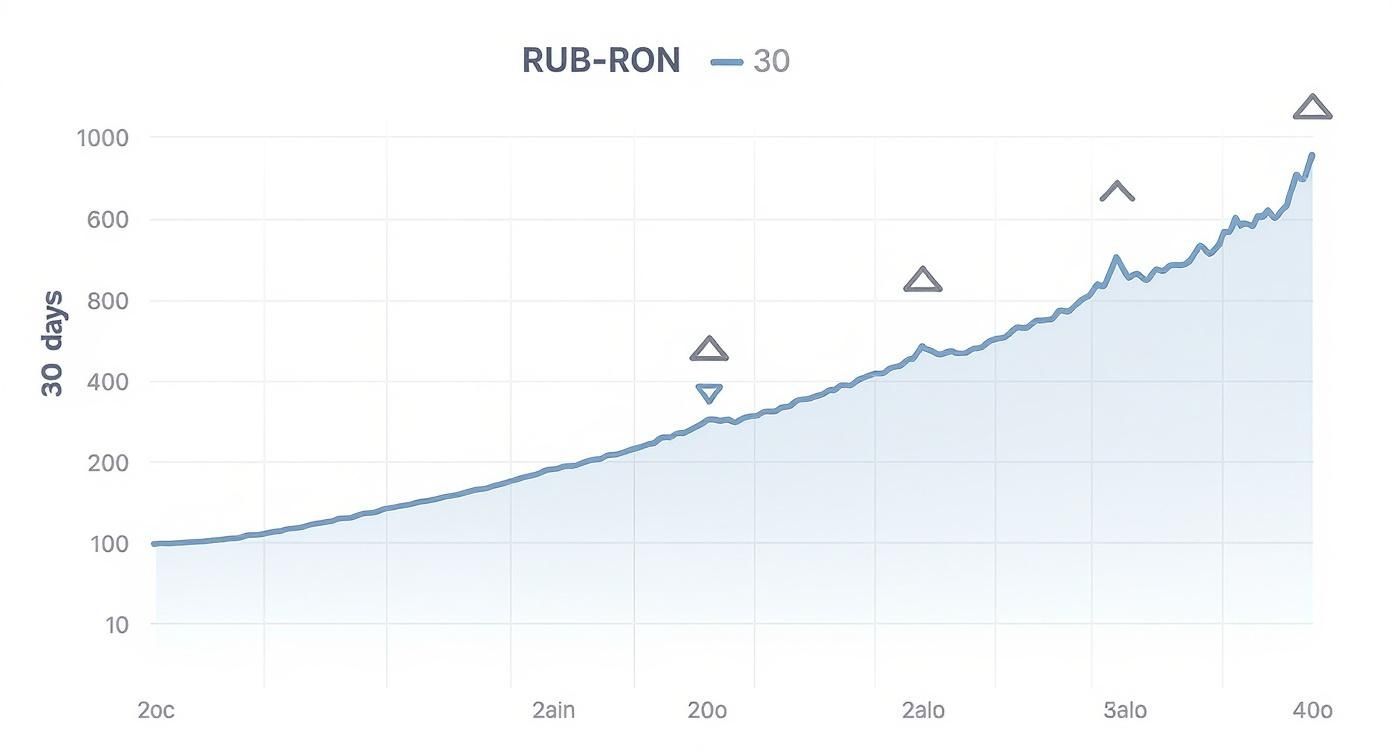Diagramă ce prezintă tendința ascendentă a cursului de schimb RUB-RON pe o perioadă de 30 de zile.