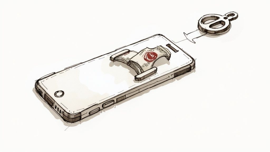 Ilustrație cu un smartphone, bani pe spatele său și o cheie digitală, sugerând finanțe online.