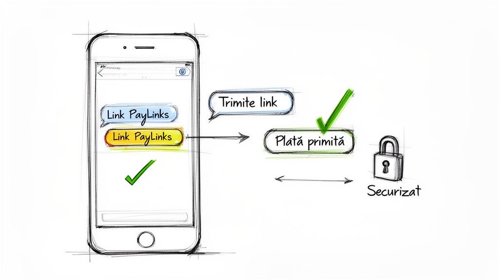 Ilustrație schematică a unui proces de plată mobilă securizată, de la trimiterea link-ului la confirmarea plății.