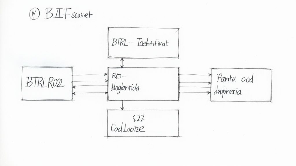 O diagramă desenată manual, reprezentând interconectări între diverse procese sau entități, etichetate cu termeni specifici.