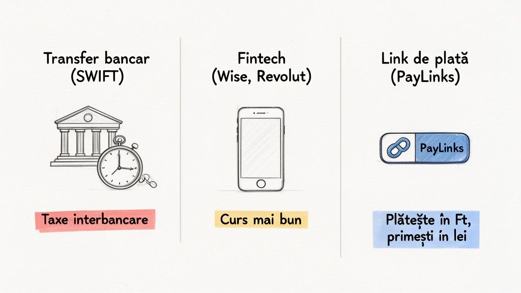 Imagine cu trei metode de transfer internațional de bani: bancar, fintech (Wise, Revolut) și PayLinks, evidențiind costuri și beneficii.