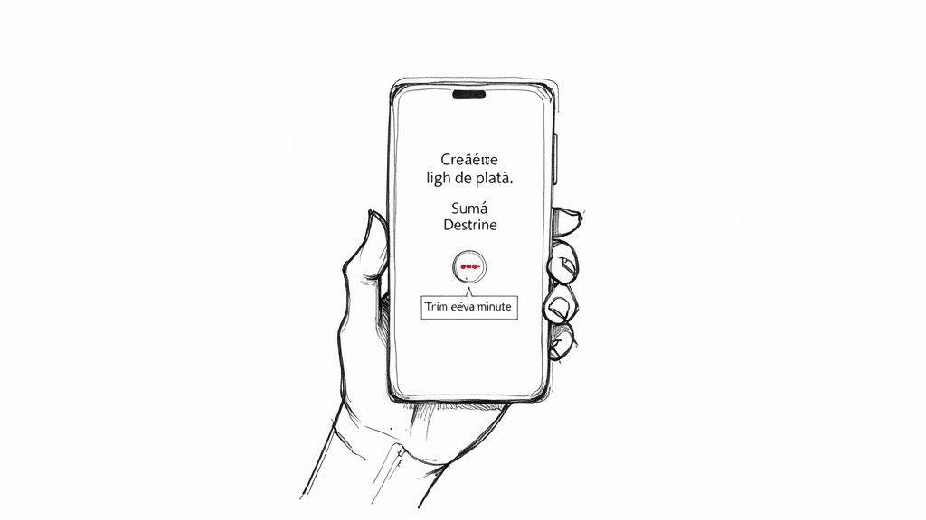 O mână ține un smartphone care afișează o aplicație de plată cu opțiuni de creare link și sumă.
