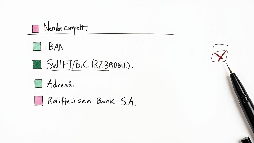 Lista cu informații bancare: nume complet, IBAN, cod SWIFT/BIC pentru Raiffeisen Bank S.A.