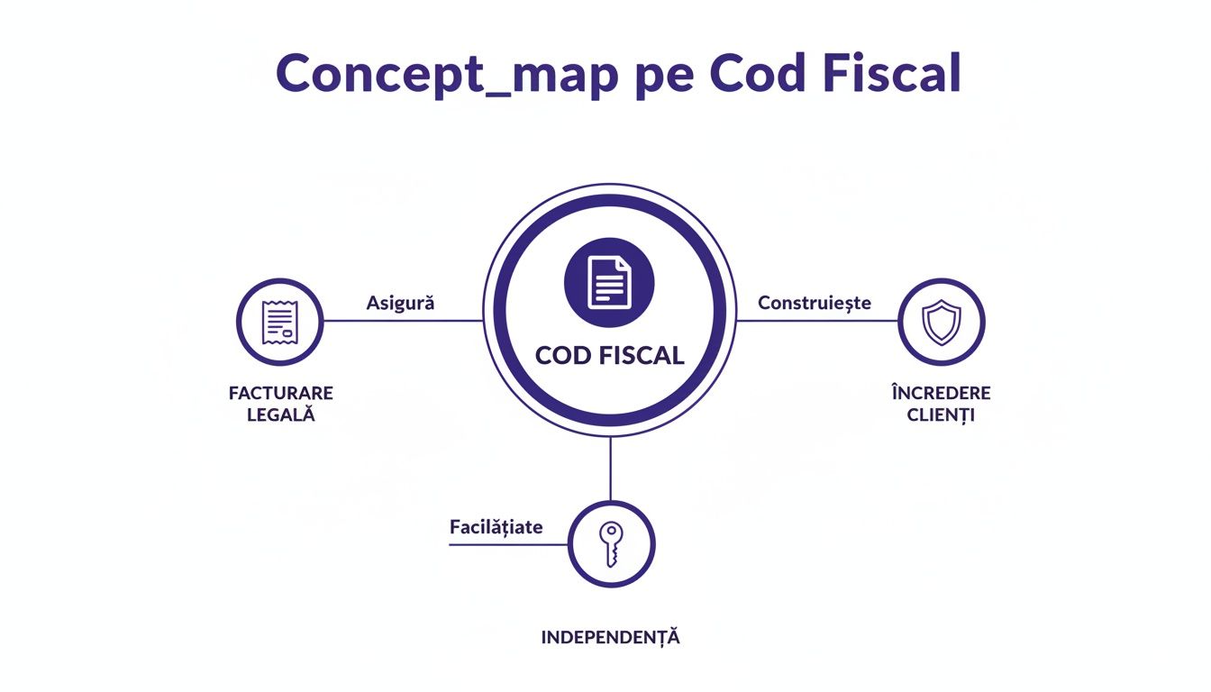 Diagramă concept map explicând beneficiile codului fiscal: facturare legală, încredere clienți și independență. O reprezentare vizuală clară.