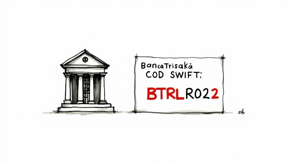 Desen simplu al unei bănci și o pancartă cu codul SWIFT al Băncii Transilvania, BTRLRO22.