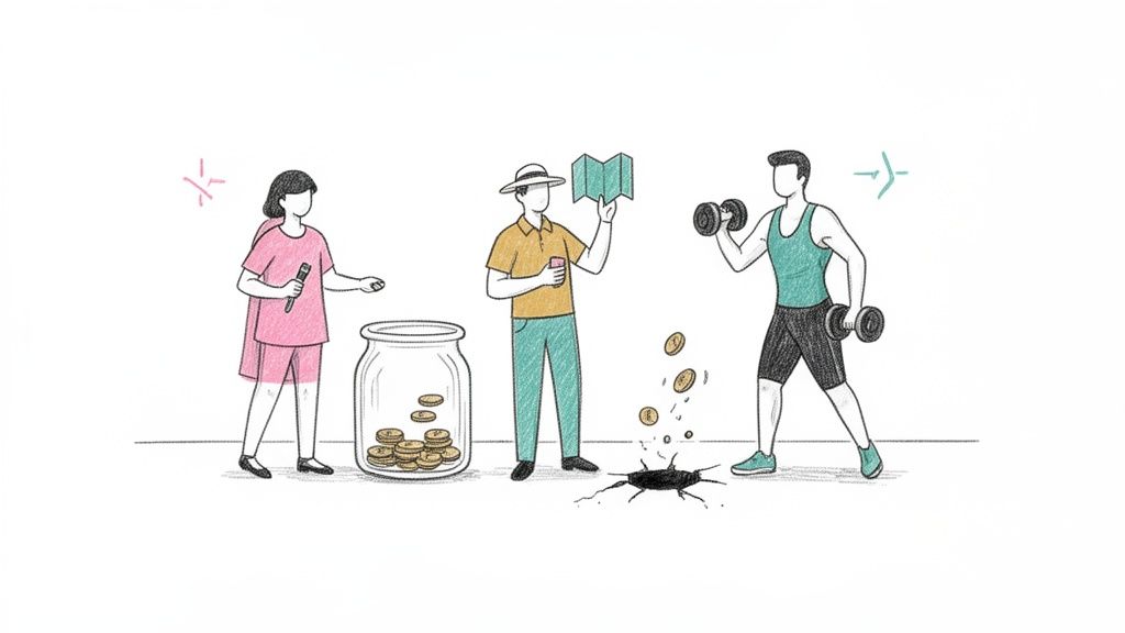 Ilustrație cu o femeie economisind bani într-un borcan, un bărbat planificând călătorii și altul făcând exerciții, cu monede căzând într-o crăpătură.