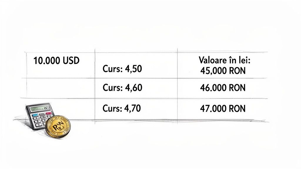 Tabel comparativ cu conversia a 10.000 USD în lei românești la trei cursuri de schimb diferite.