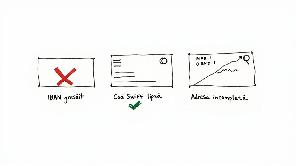 Trei casete ilustrează erori bancare: IBAN greșit, lipsă cod Swift și adresă incompletă pentru plăți.