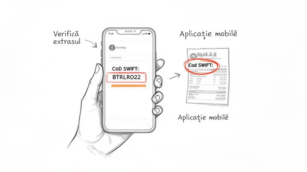 Mână cu telefon afișând codul SWIFT BTRLRO22 și un document cu codul SWIFT. Verifică extrasul în aplicația mobilă.