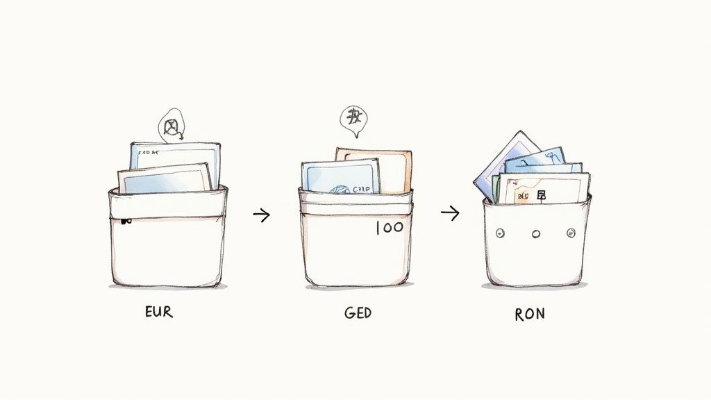 Imagine cu diverse valute (EUR, USD, GBP, RON) pe ecranul unui telefon, ilustrând conceptul de cont multivalutar