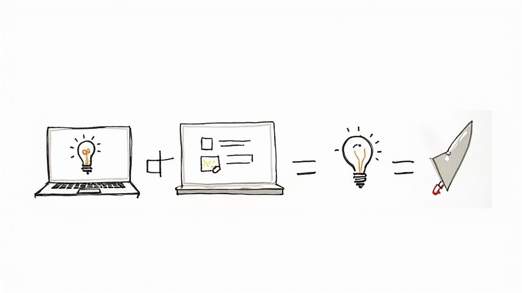 O ilustrație cu un laptop și o idee, plus un laptop cu o listă, rezultând o idee și apoi un cuțit ascuțit.