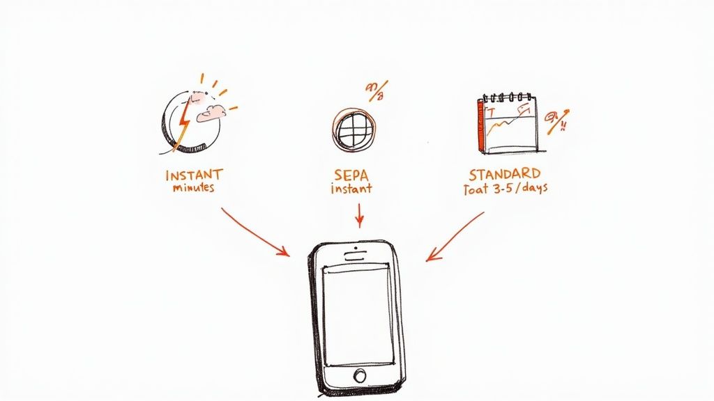 Diagrama ilustrând timpii de transfer bancar: instant, SEPA și standard pentru plăți mobile