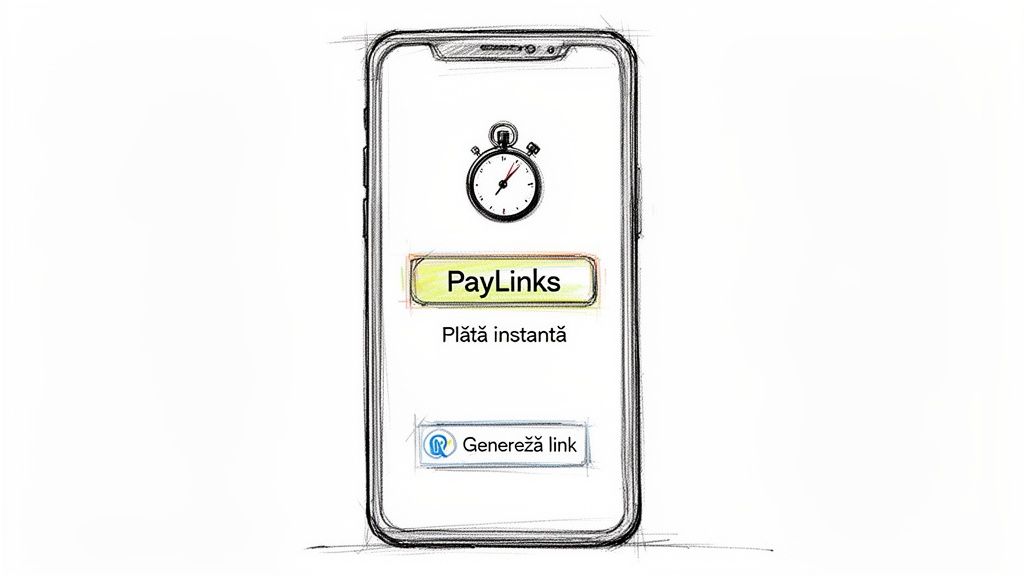 Schiță de telefon cu aplicația PayLinks, indicând plăți instant și generarea de linkuri.