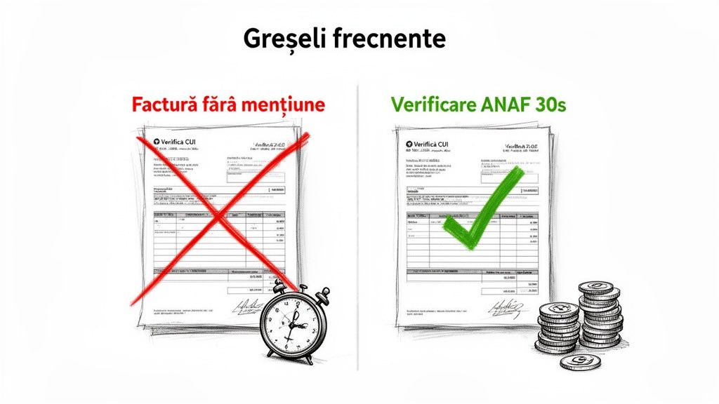 Comparație între o factură incorectă, marcată cu un X, și una corectă, verificată ANAF.