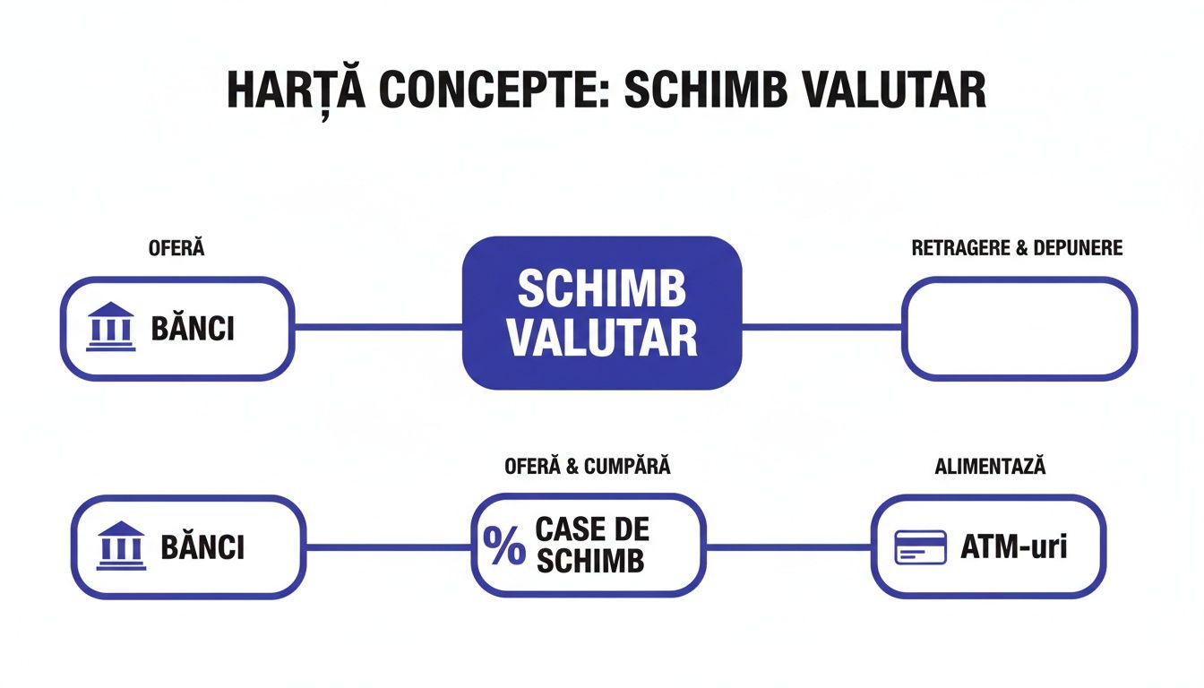 Harta conceptuală a schimbului valutar, detaliind rolul băncilor, caselor de schimb și ATM-urilor.