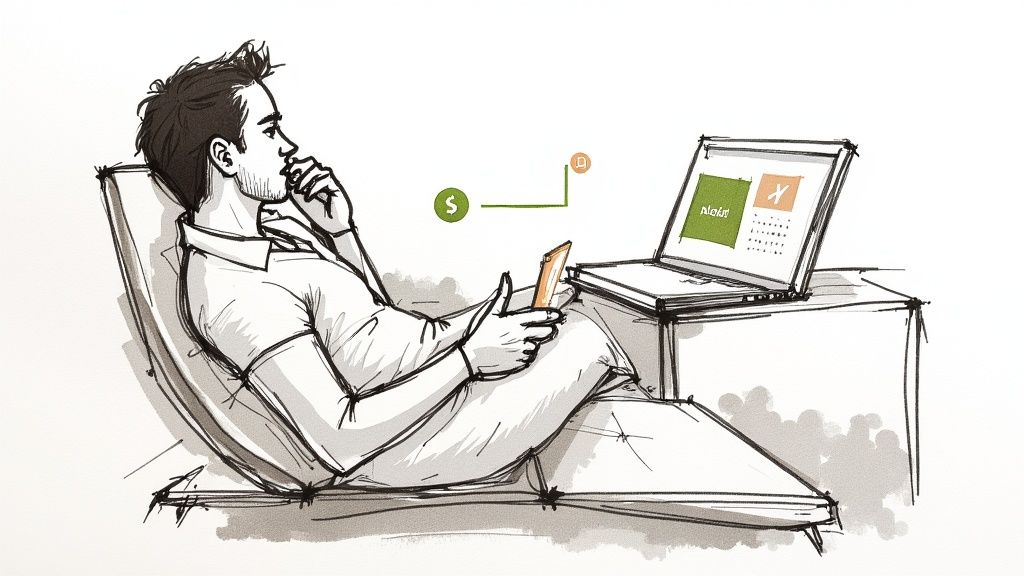 Persoană relaxată plătind facturi online de pe laptop