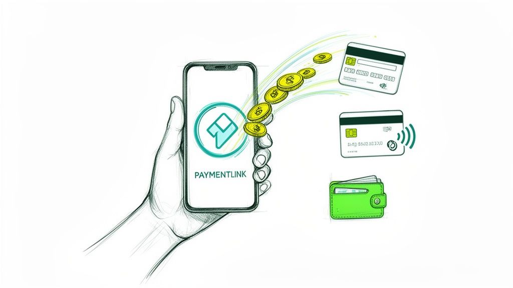 O mână ține un smartphone care trimite monede de aur către carduri bancare și un portofel, simbolizând plăți digitale.