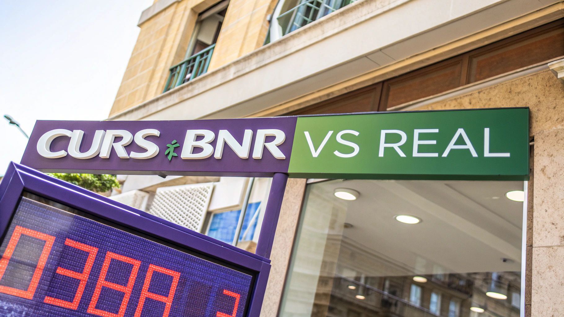 O balanță care compară două teancuri de monede, simbolizând diferența dintre cursul de schimb oficial și cel real.