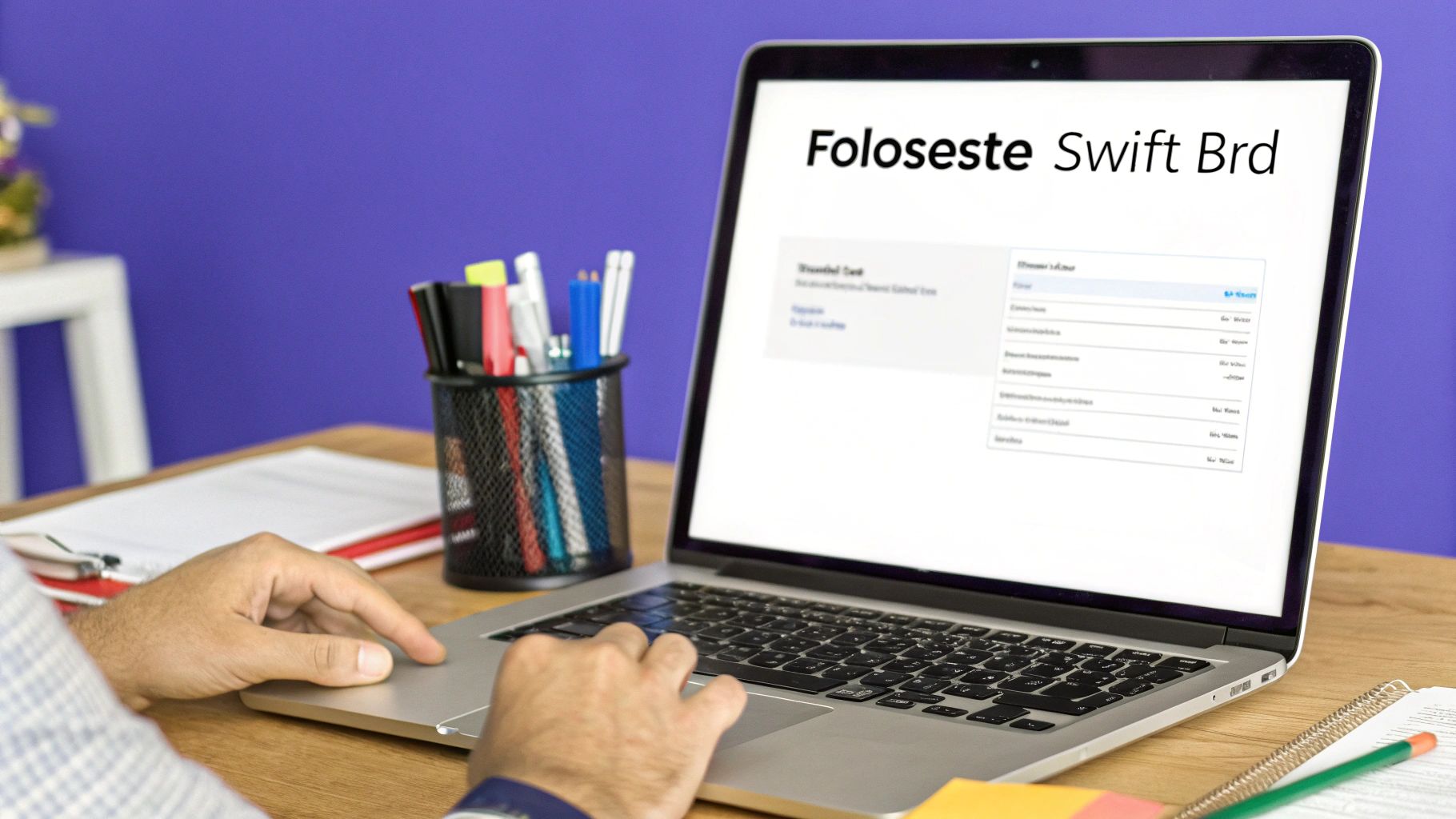 Imagine cu un model de factură care arată unde se plasează codul SWIFT BRD și IBAN-ul