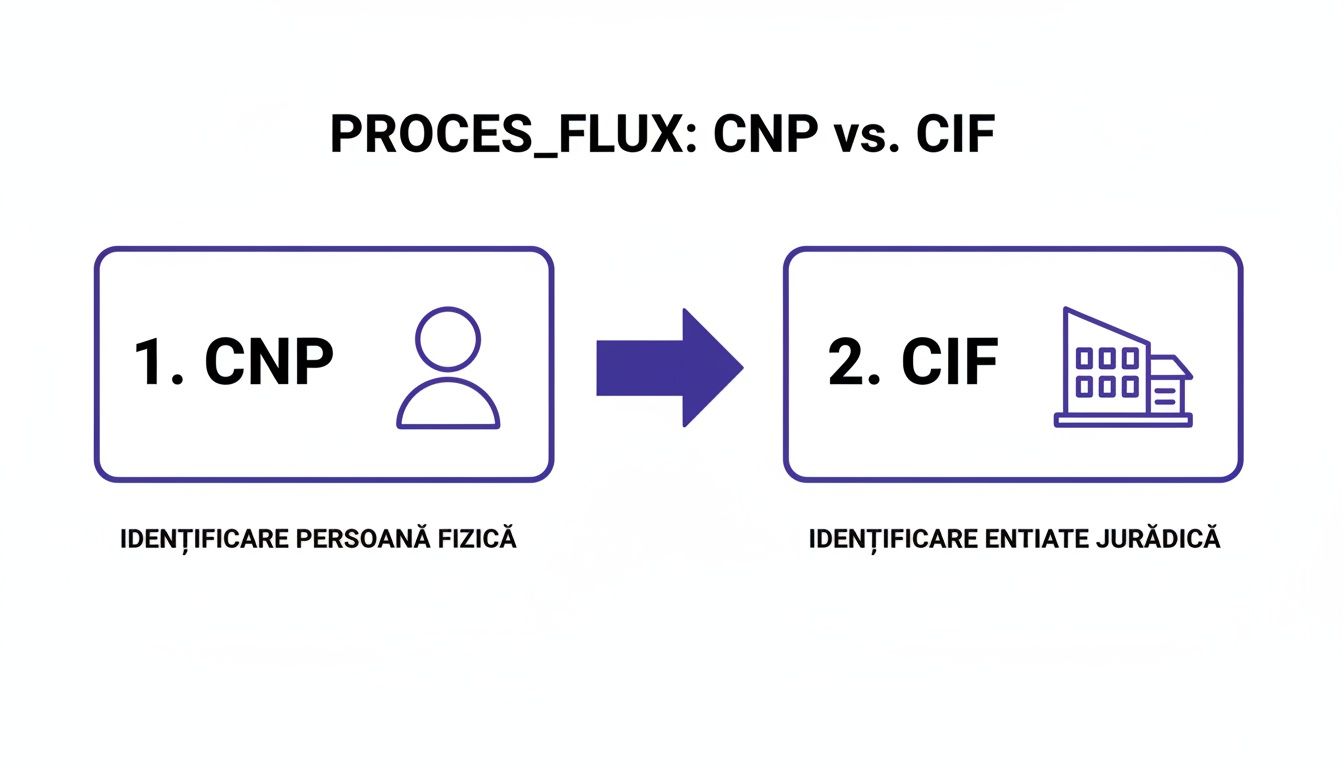 Diagramă proces flux: identificarea persoanelor fizice prin CNP și a entităților juridice prin CIF.