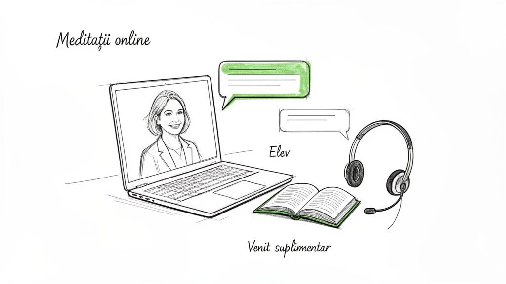 Imaginea prezintă meditații online, cu un laptop, căști, o carte și chat-uri, sugerând venit suplimentar de acasă.