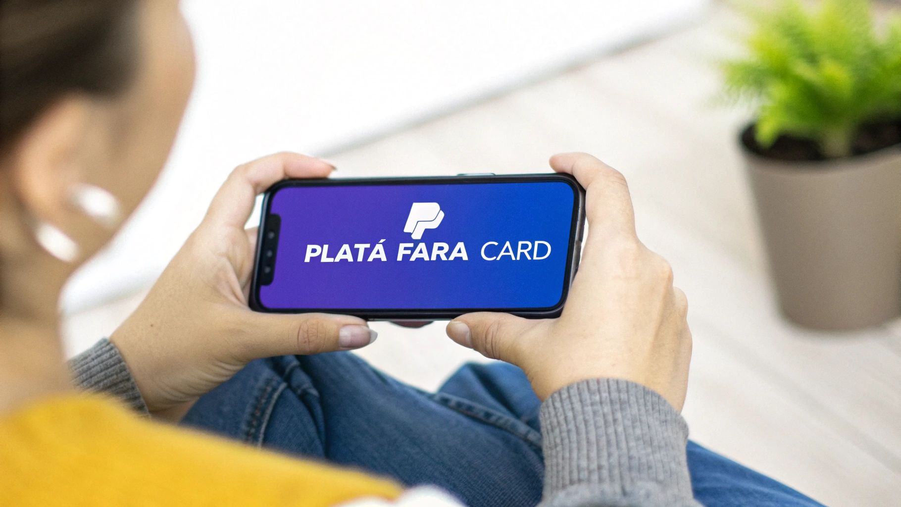 Imagine cu o persoană care face o plată online de pe telefon, simbolizând ușurința tranzacțiilor digitale