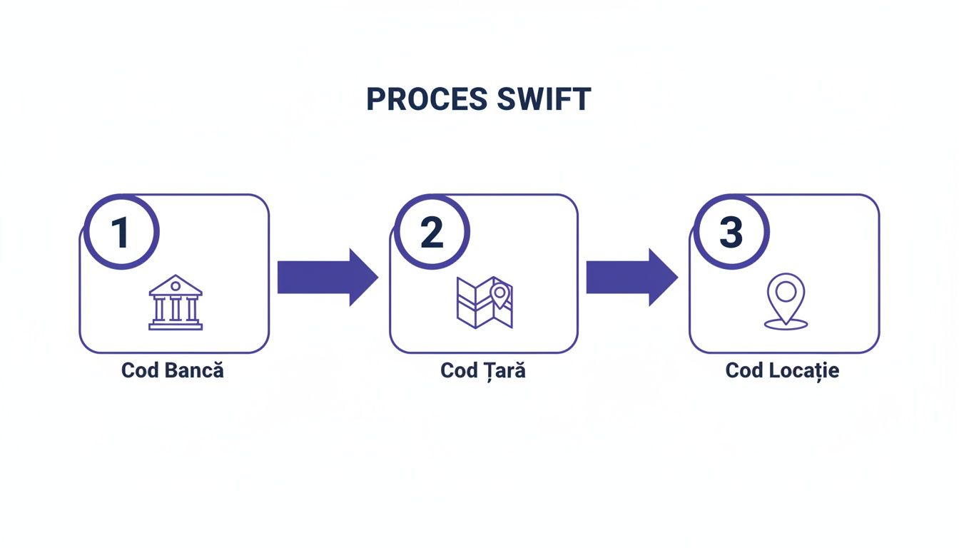 Diagrama procesului SWIFT în trei pași: cod bancă, cod țară și cod locație, cu ilustrații clare.