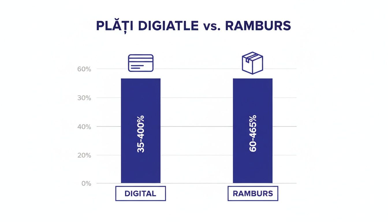 Diagramă cu bare comparând creșterea plăților digitale (35-400%) cu rambursul (60-465%).