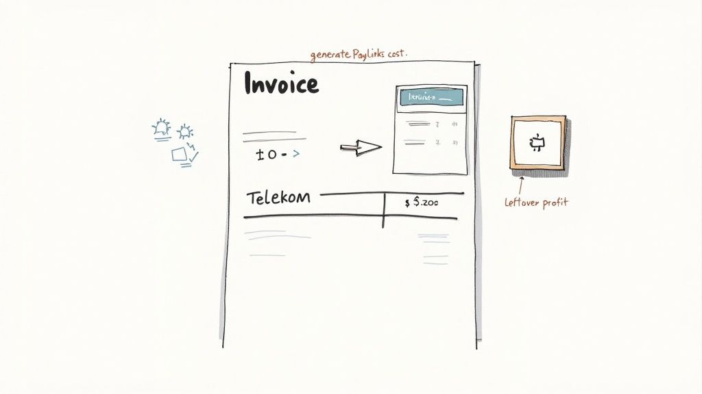 Un freelancer analizează o factură Telekom pe laptop, în timp ce folosește PayLinks pentru a crea un link de plată, ilustrând integrarea costurilor în încasări.