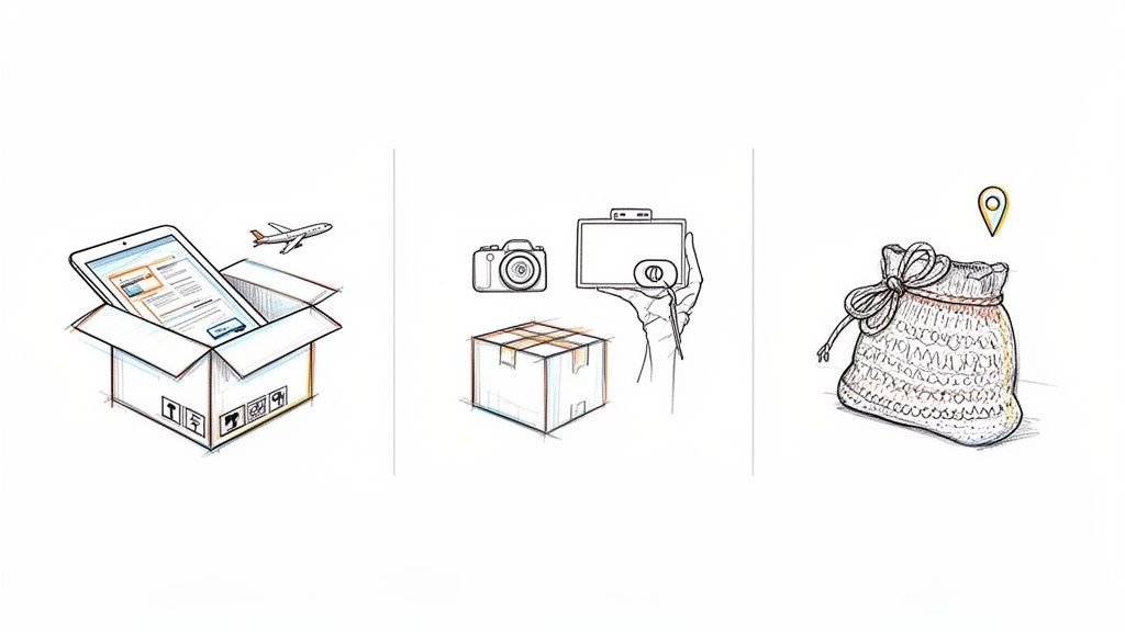 Ilustrație cu comerț online (tabletă în cutie, avion), produse (aparat foto) și localizare (săculeț cu pin).