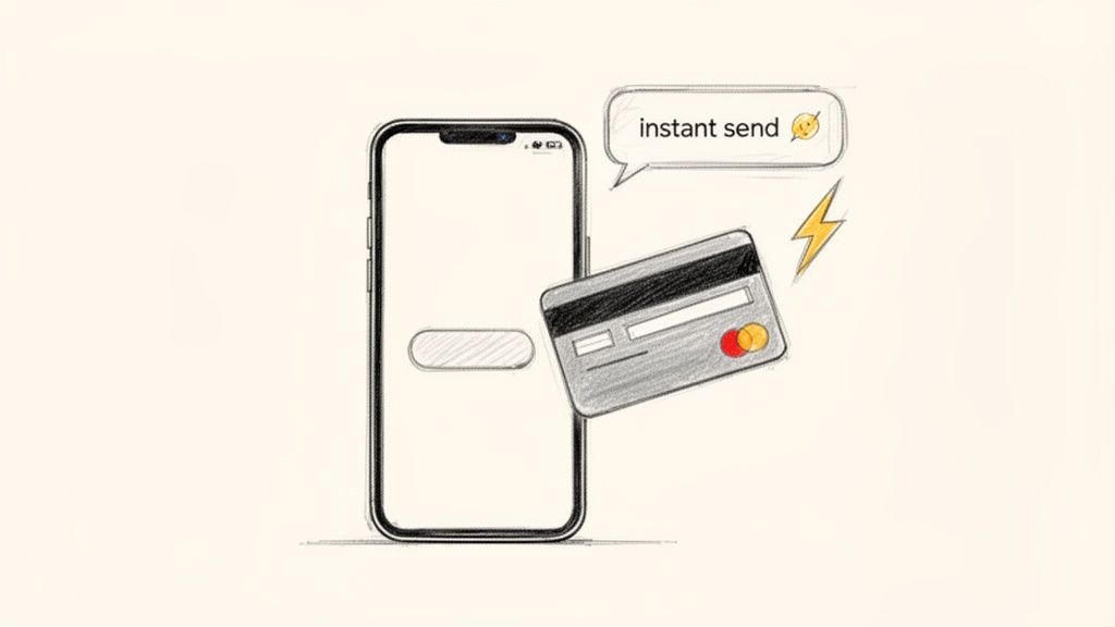 Ilustrație desenată manual cu un smartphone, card bancar și un mesaj „instant send” cu un fulger, sugerând plăți rapide.