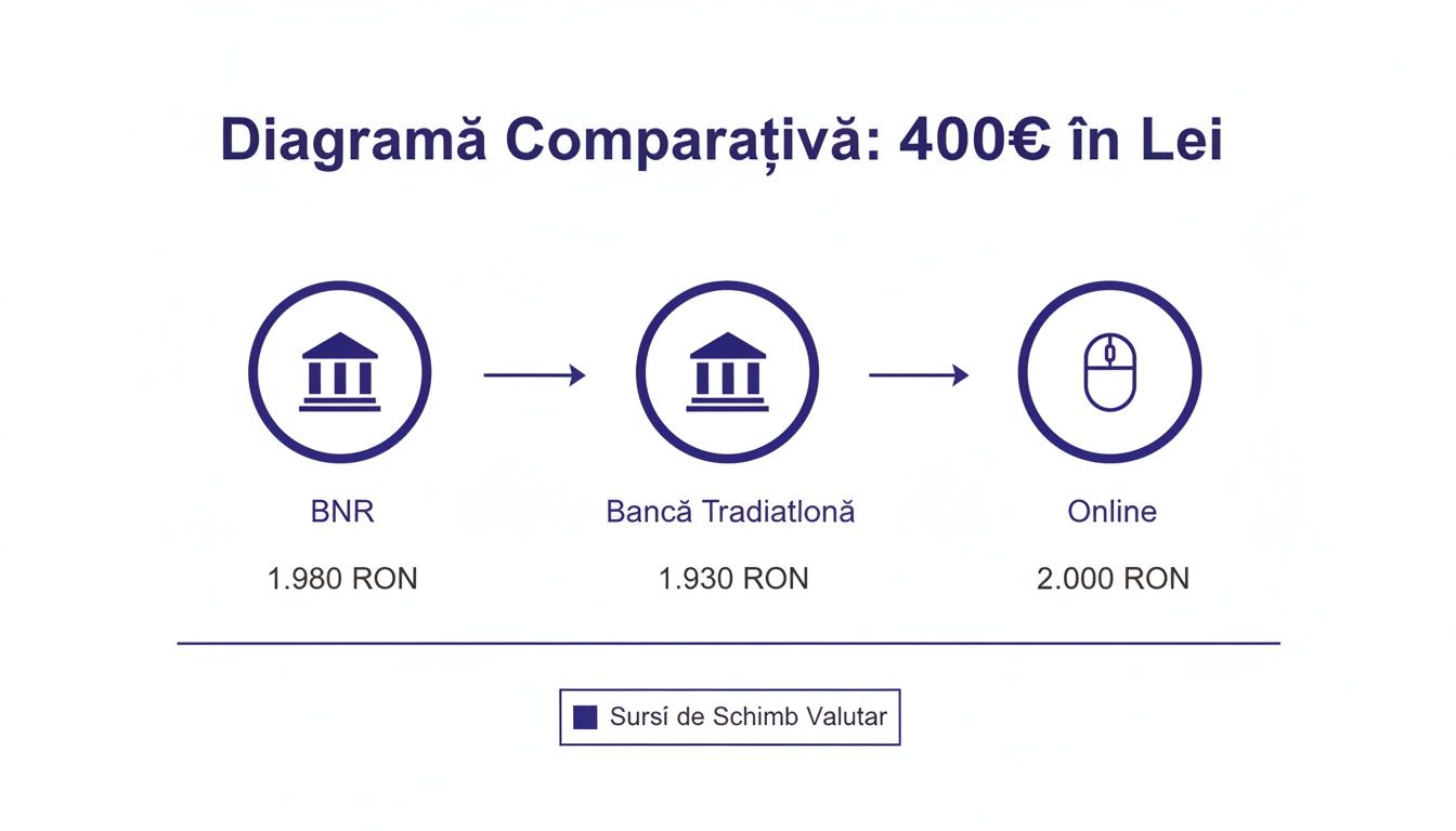 Diagramă comparativă a schimbului valutar pentru 400€ în lei, prezentând BNR, bănci tradiționale și opțiuni online.