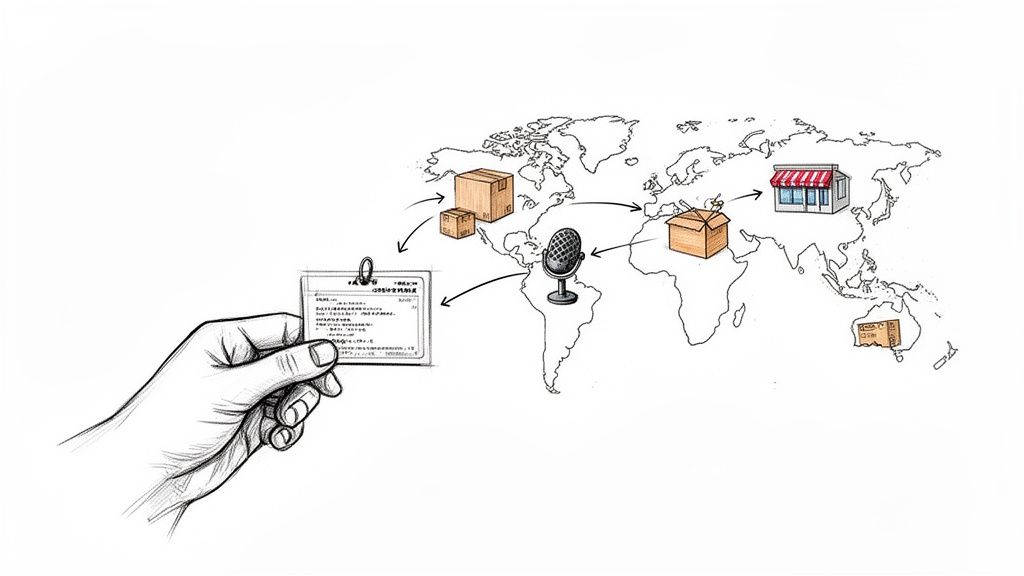 Mână cu document, hartă globală cu pachete, magazin și microfon, reprezentând lanțul logistic internațional.