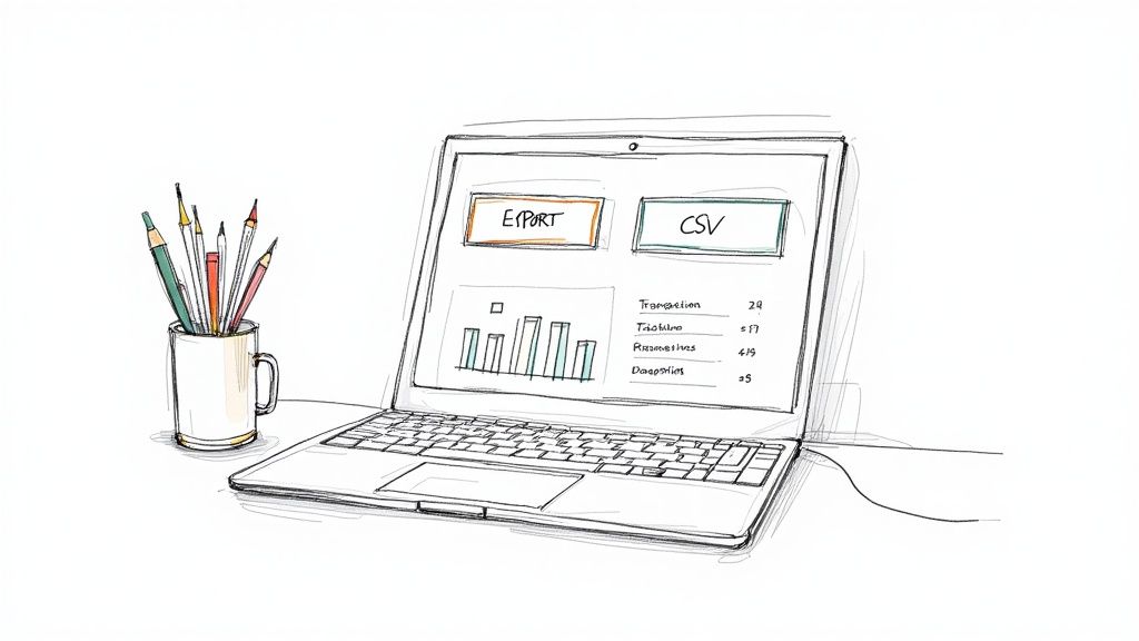 Schiță a unui laptop cu opțiuni de export și un grafic de date, alături de o cană cu creioane.