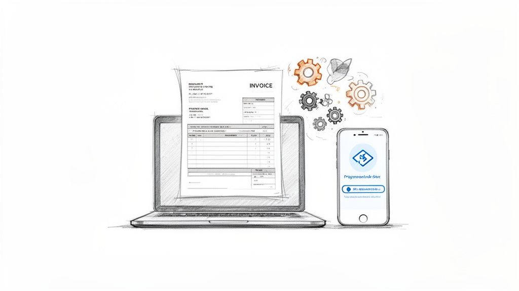 Ilustrație cu laptop, factură electronică și smartphone pentru plăți rapide și automatizate, înconjurate de angrenaje.