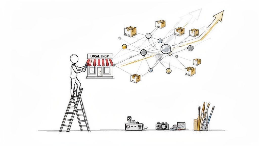 O persoană pe o scară conectează un magazin local la o rețea de afaceri digitală, indicând expansiune.