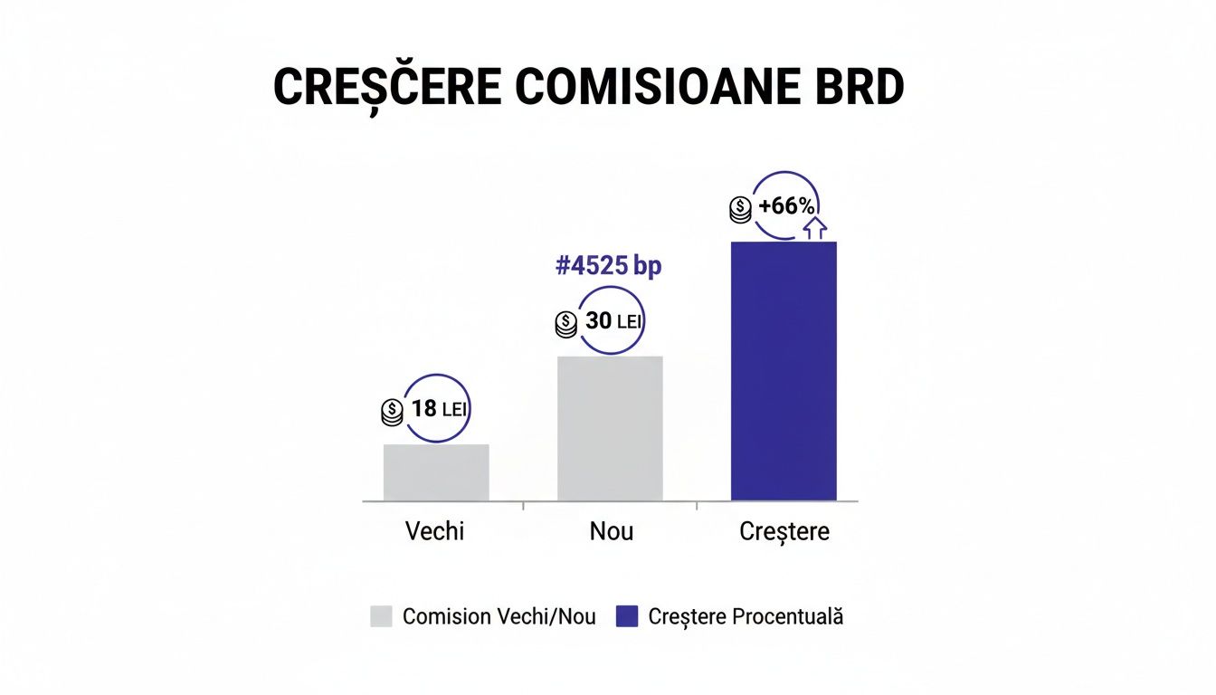Grafic cu bare despre creșterea comisioanelor BRD: de la 18 lei la 30 lei, o majorare de 66%.