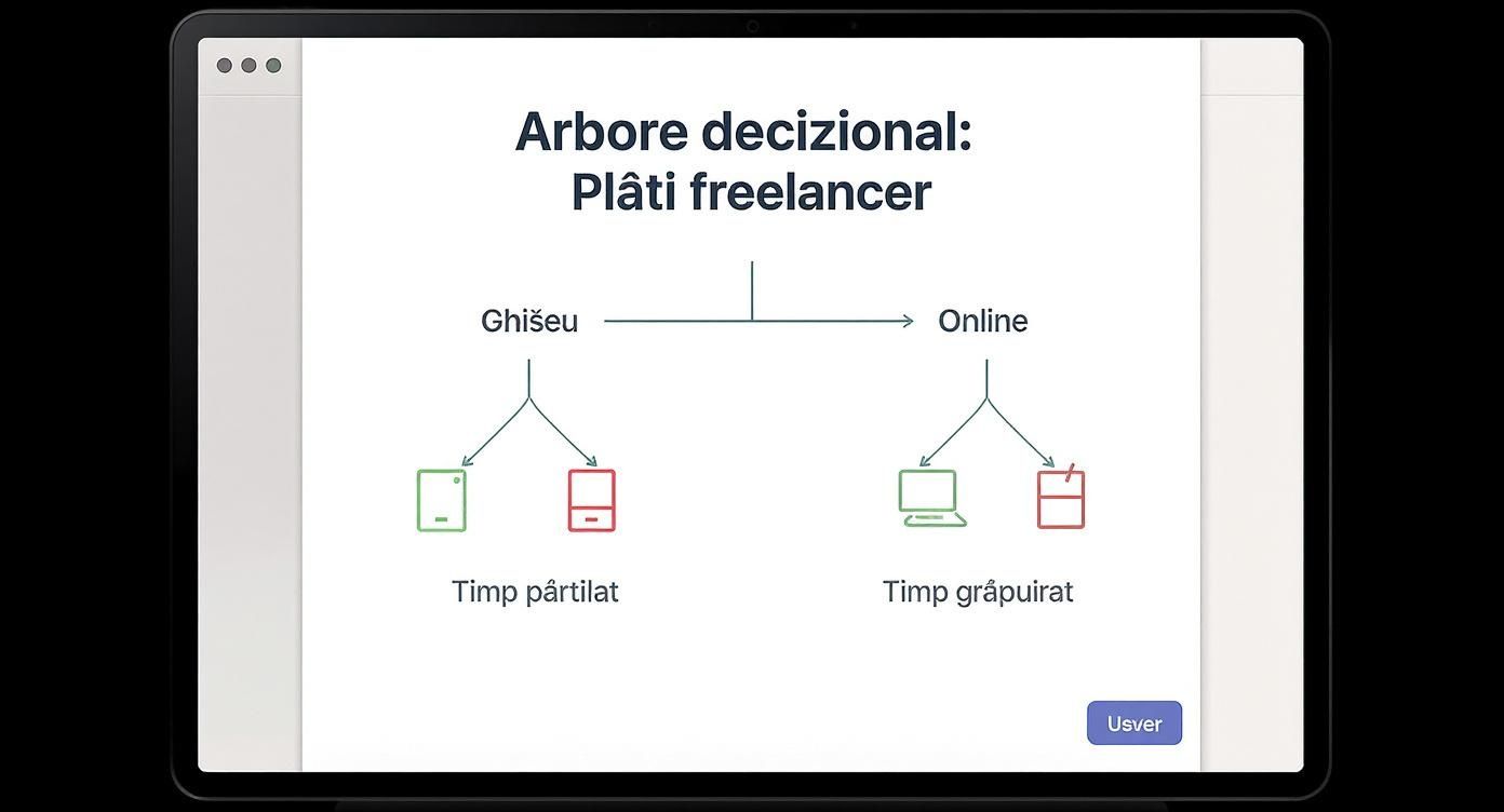 Diagramă arbore decizional pentru plăți freelancer: opțiuni ghișeu versus online, timp parțial și grăpuirat