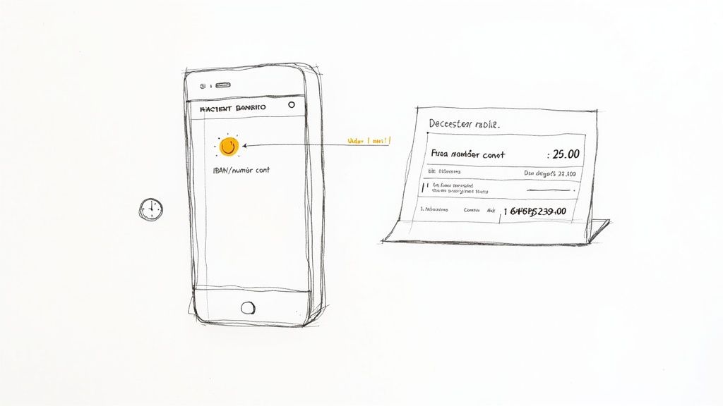 O persoană folosește aplicația de mobile banking pentru a-și găsi rapid numărul de cont.