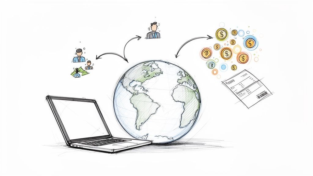 Ilustrație schematică a unui flux global de servicii sau plăți, conectând utilizatori, un laptop, globul pământesc, bani și o factură.