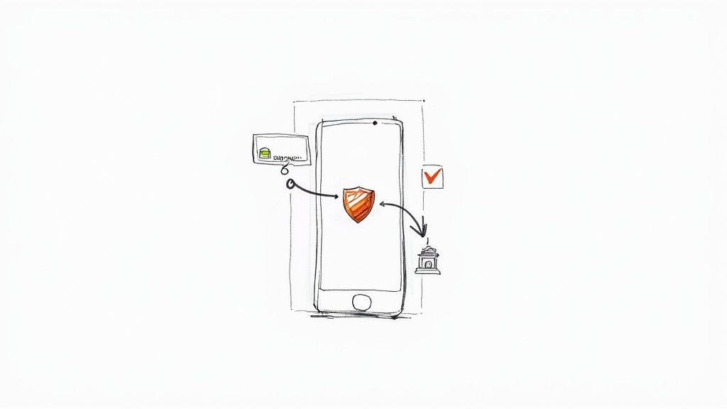 Smartphone protejat cu scut de securitate verificând codul de securitate al cardului