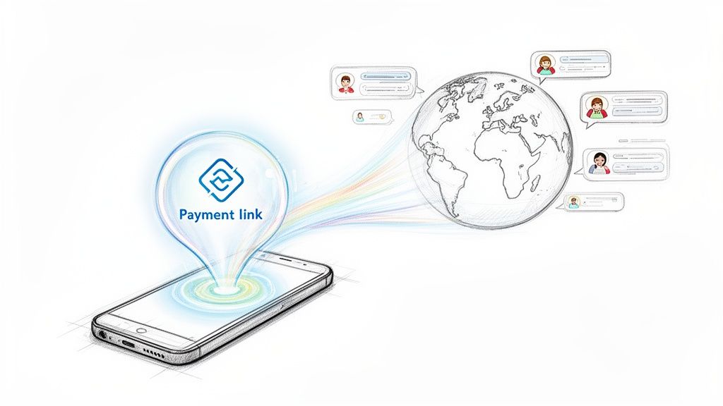 Un smartphone generează un link de plată, conectându-se la un glob și mai multe mesaje de chat pentru tranzacții globale.